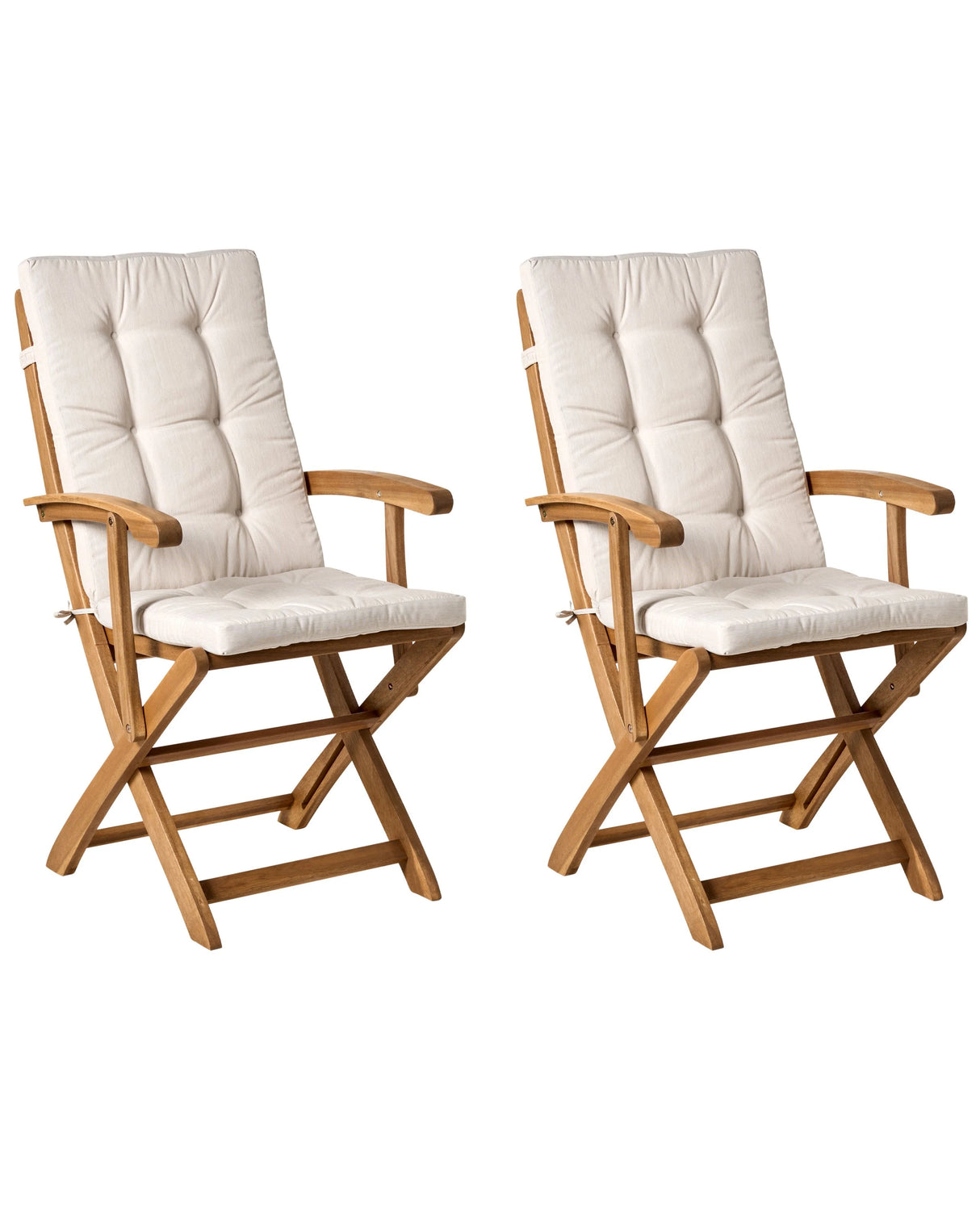 Set of 2 Garden Dining Chairs Light Wood with Light Beige Cushions Acacia Wood Frame Folding Rustic Design Beliani