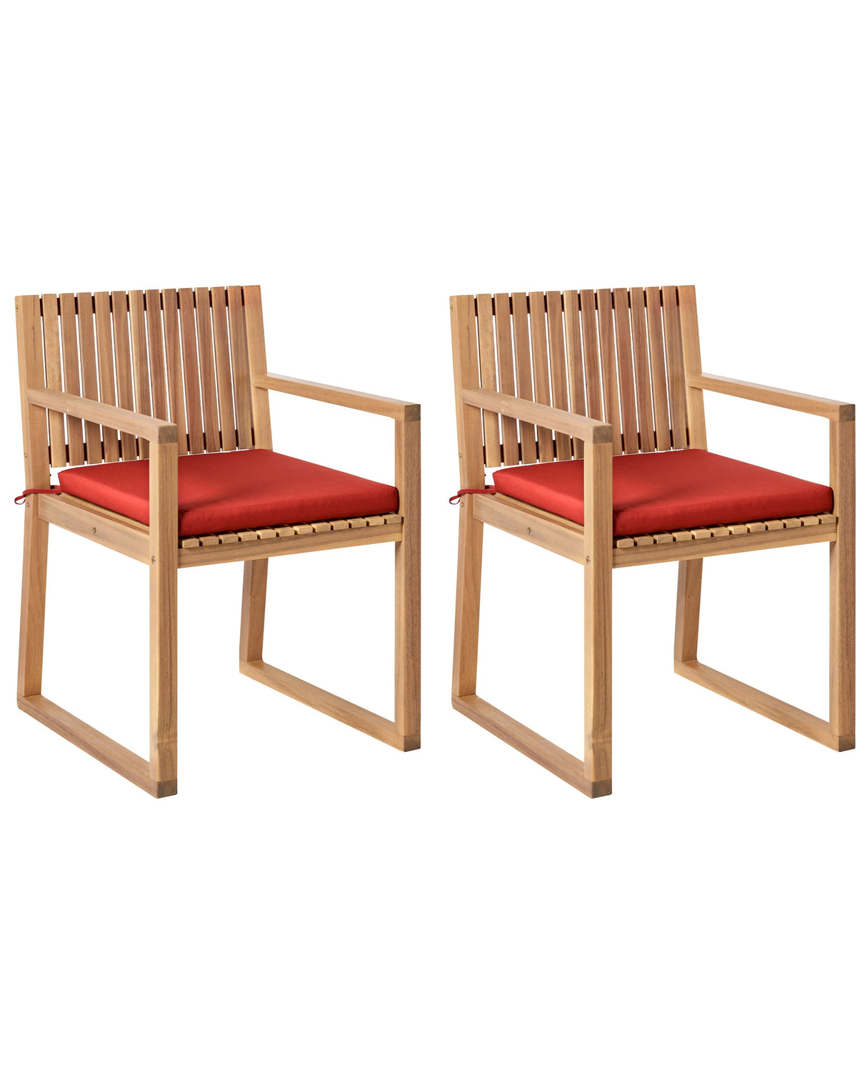 Set of 2 Garden Dining Chairs with Cushions Light Brown Red Certified Acacia Wood Polyester Rustic Style Beliani