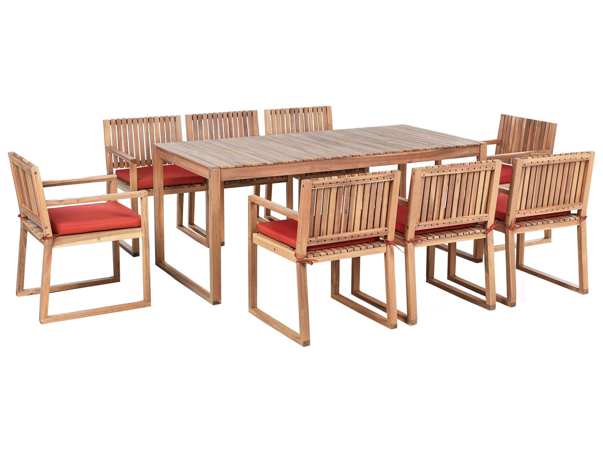 Garden Dining Set Light Brown Certified Acacia Wood Table 8 Chairs with Red Cushions Outdoor Rustic Style Beliani