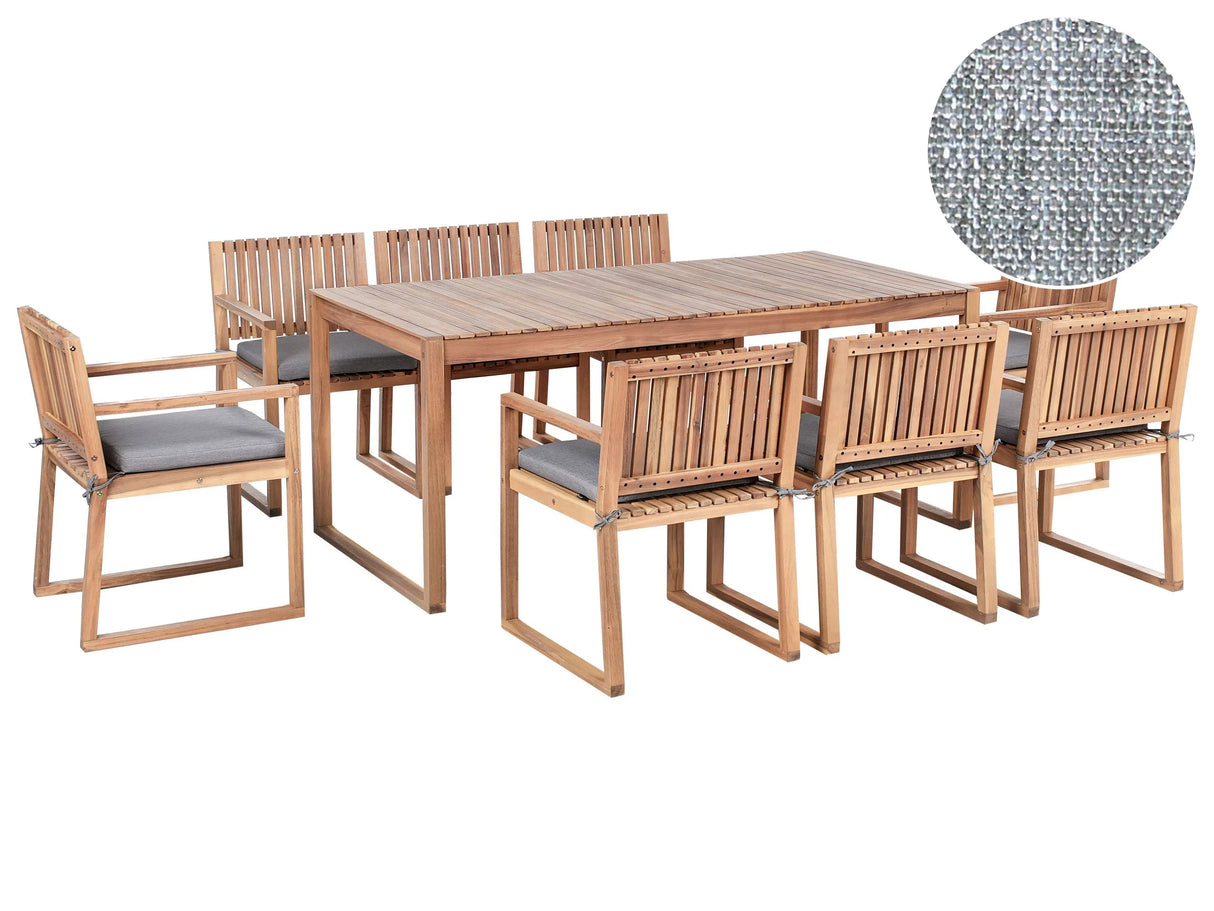 Garden Dining Set Light Brown Certified Acacia Wood Table 8 Chairs with Grey Melange Cushions Outdoor Rustic Style Beliani