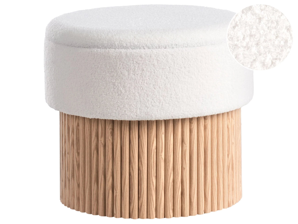 Storage Pouffe Off White Boucle Upholstered Seat Wooden Base Round Footstool Beliani