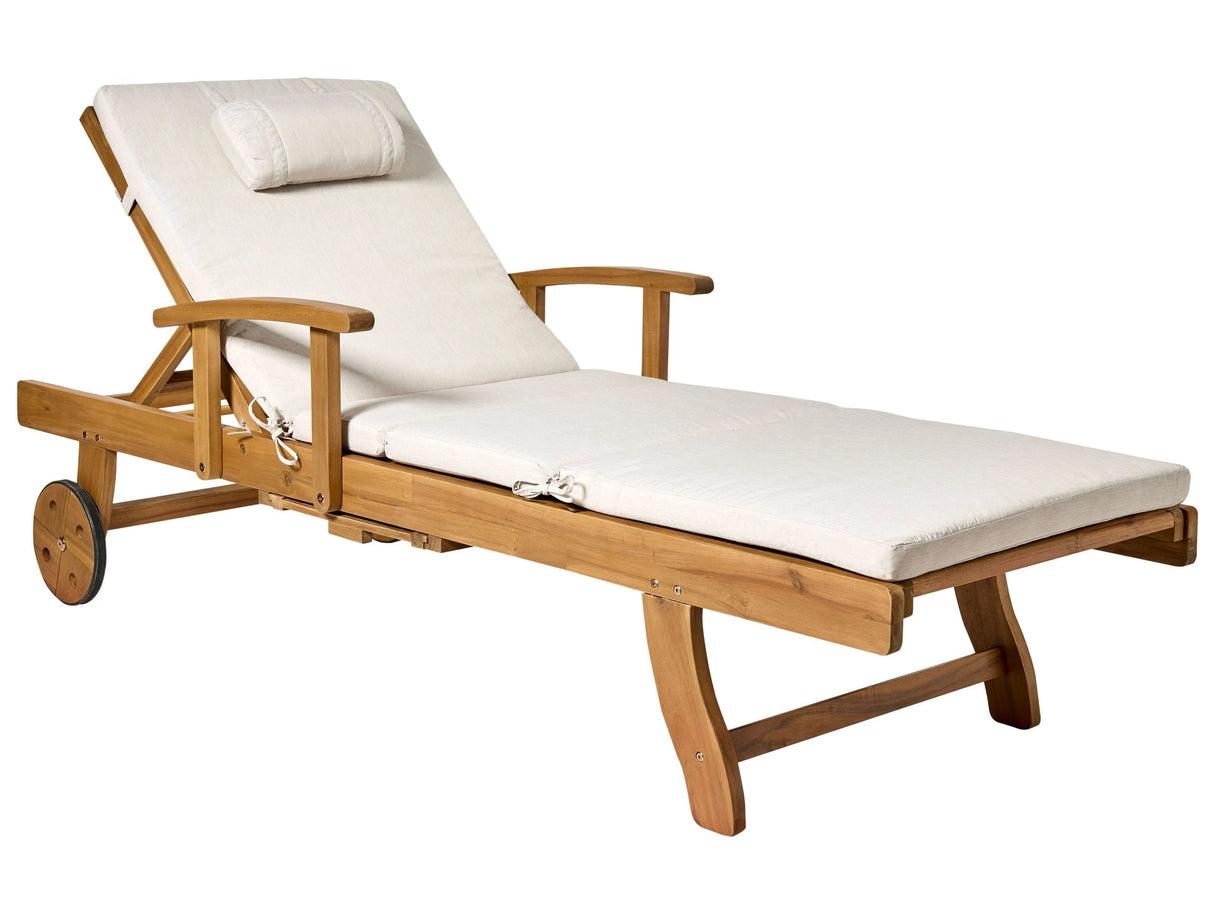 Garden Sun Lounger Acacia Wood with Light Beige Cushion Outdoor Weather Resistant Reclining with Wheels Beliani