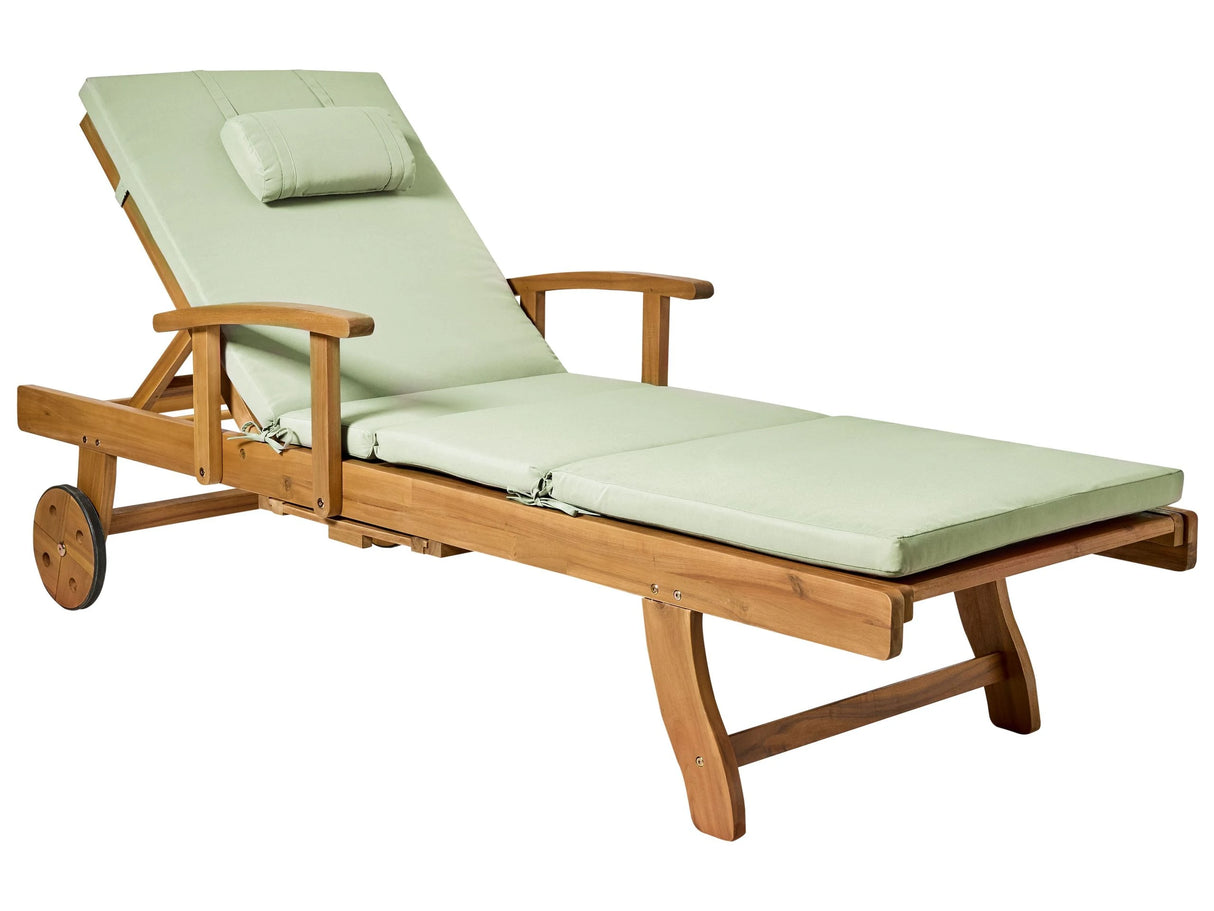 Garden Sun Lounger Acacia Wood with Green Cushion Outdoor Weather Resistant Reclining with Wheels Beliani