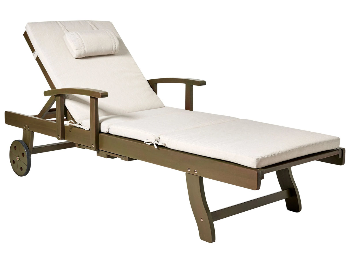 Garden Sun Lounger Acacia Wood Natural with Light Beige Cushion Adjustable Backrest Inbuilt Castors Rustic Traditional Style Beliani