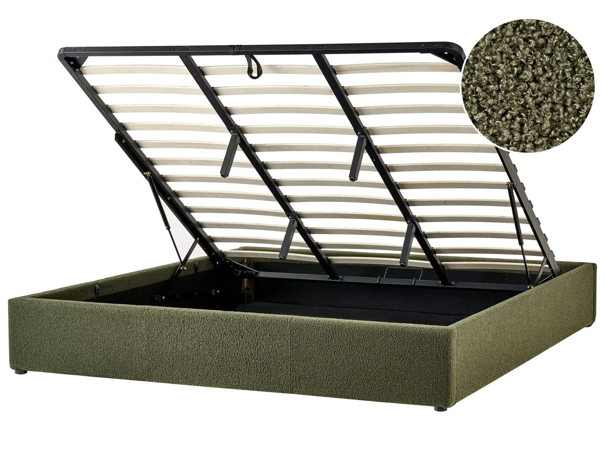 Slatted Bed Frame Dark Green Boucle Upholstered Ottoman Storage 6ft EU Super King Size Modern Design Beliani