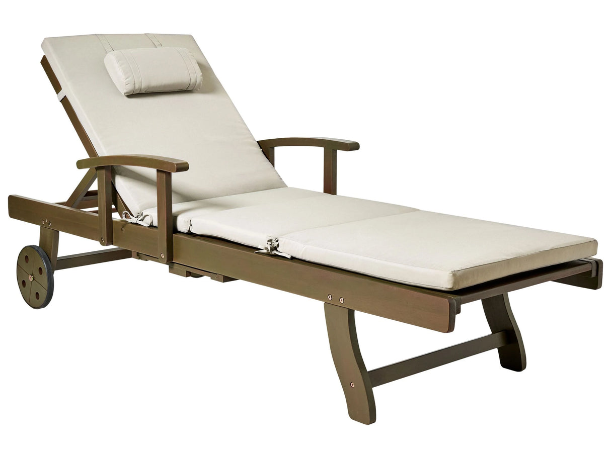 Garden Sun Lounger Acacia Wood Natural with Taupe Cushion Adjustable Backrest Inbuilt Castors Rustic Traditional Style Beliani