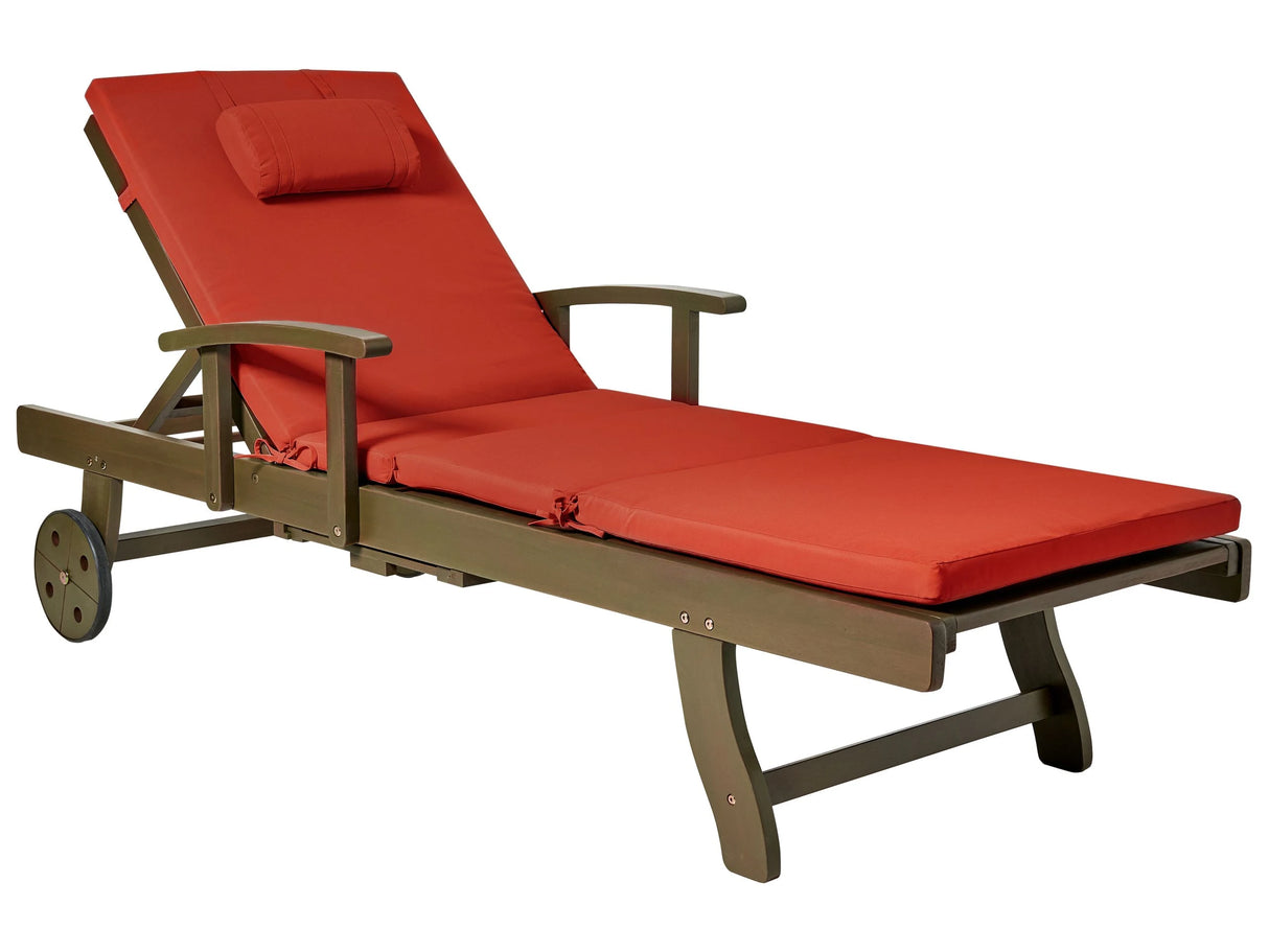 Garden Sun Lounger Acacia Wood Natural with Red Cushion Adjustable Backrest Inbuilt Castors Rustic Traditional Style Beliani