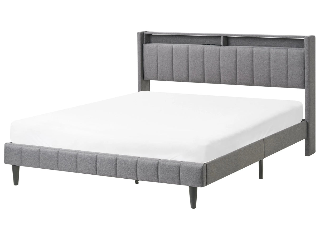 Double Bed LED Dark Grey Fabric EU King Size 5ft3 Upholstered Storage Headboard with USB Port Modern Desing Beliani