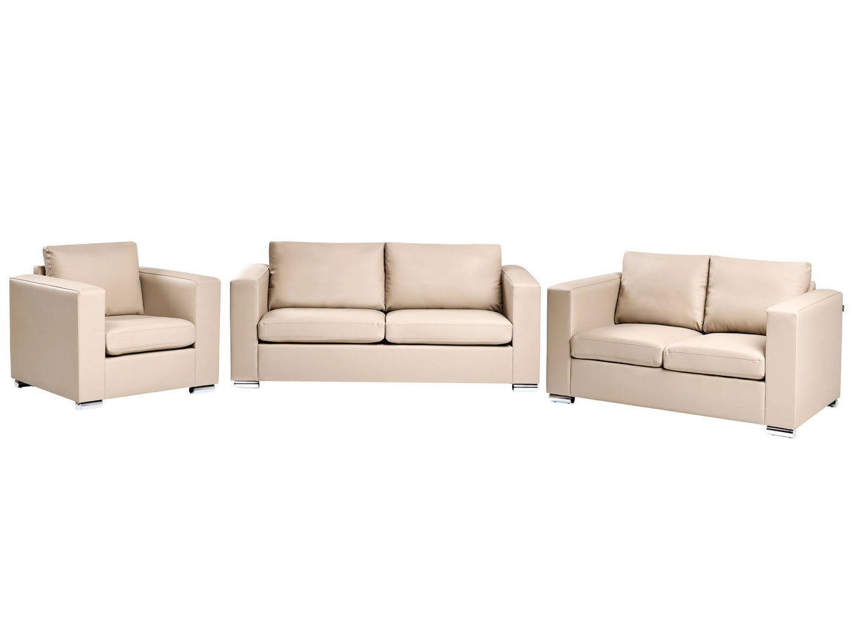 Sofa Set Suite 3+2+1 Beige Split Leather Upholstery Chromed Legs 3 Seater Loveseat Armchair Bundle Beliani