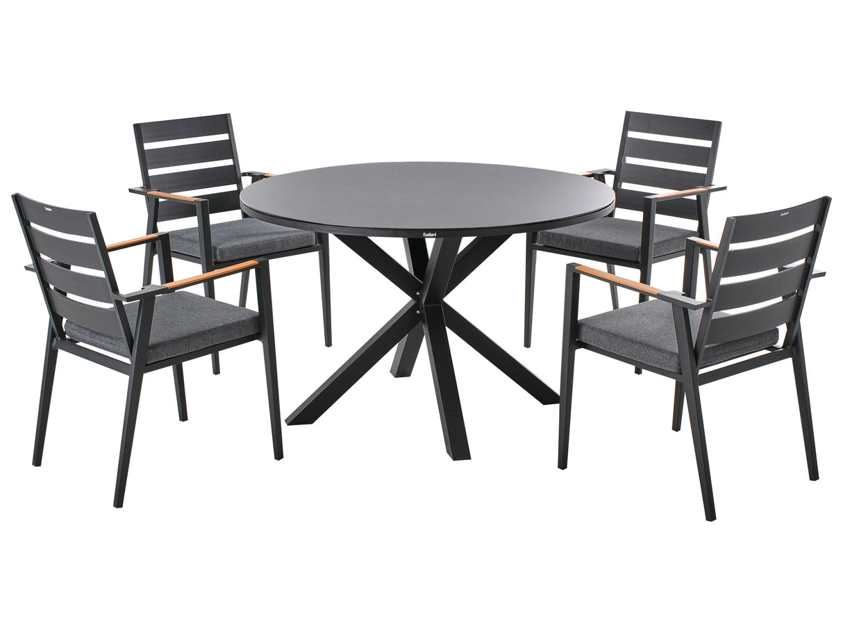 4 Seater Garden Dining Set Black Aluminium Round Table with Ceramic Glass Top Slatted Chairs with Grey Seat Pad Cushions Beliani