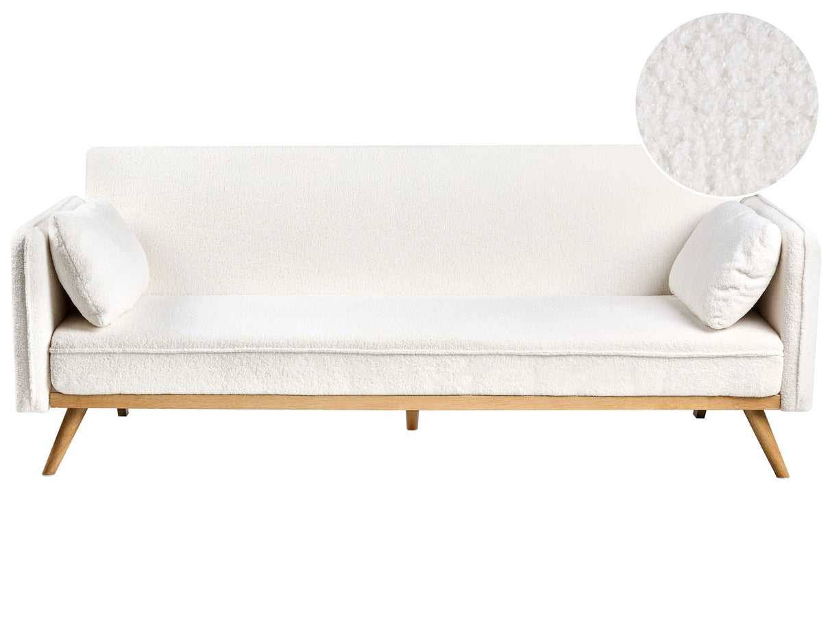 Sofa Bed Off White Boucle Fabric Upholstery Click-Clack Sleeper Mechanism Minimalistic Style Beliani