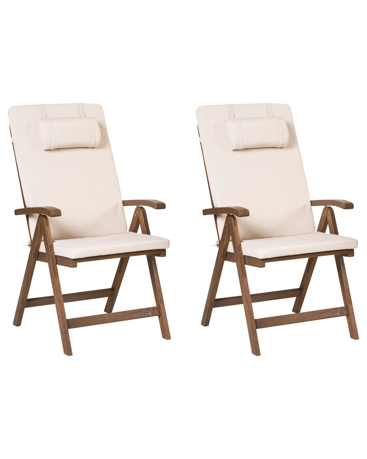 Set of 2 Garden Chair Acacia Wood Natural with Light Beige Cushions Adjustable Foldable Outdoor with Armrests Country Rustic Style Beliani