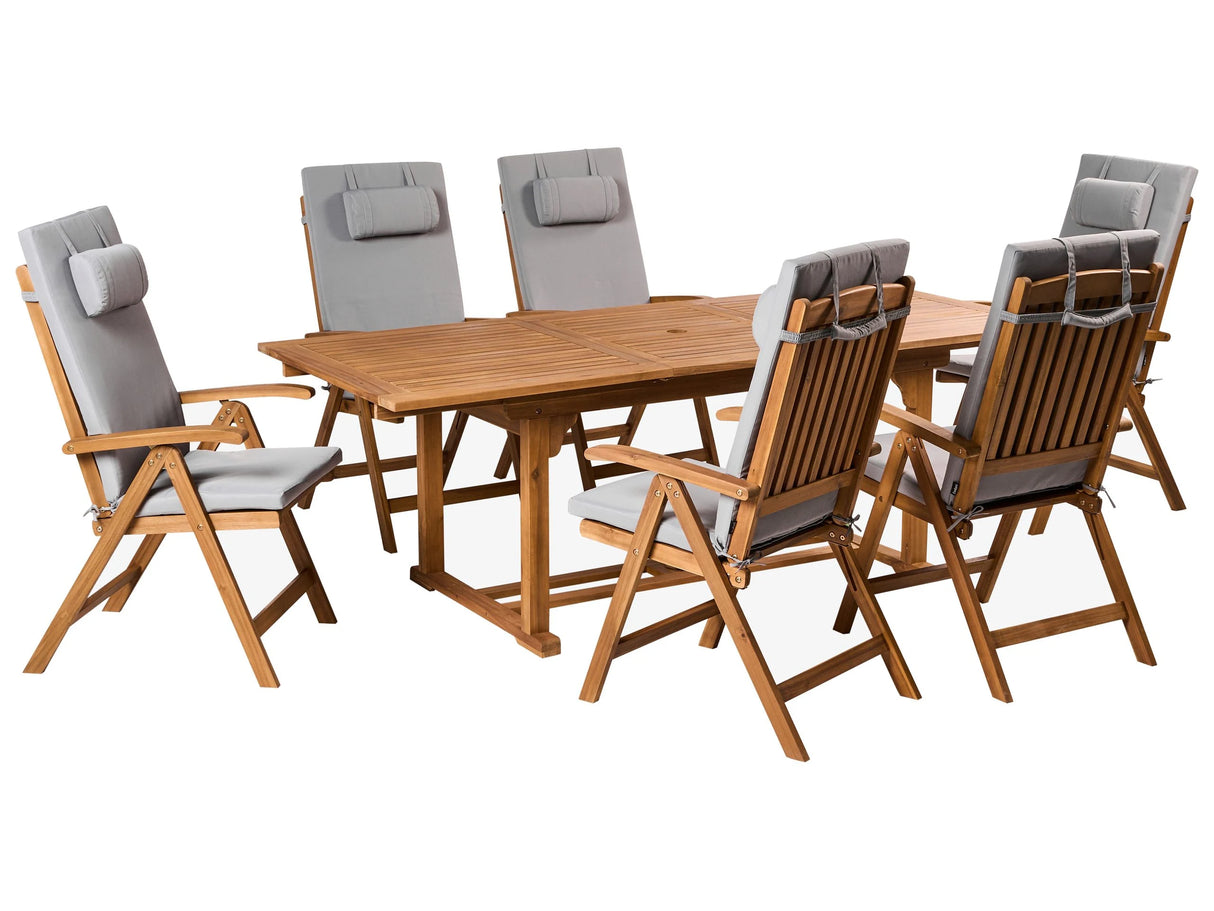 Garden Dining Set Acacia Wood with Light Grey Cushions 6 Seater Adjustable Foldable Chairs Outdoor Country Style Beliani