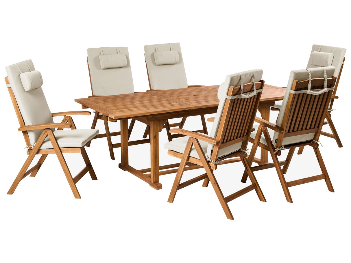 Garden Dining Set Acacia Wood with Taupe Cushions 6 Seater Adjustable Foldable Chairs Outdoor Country Style Beliani