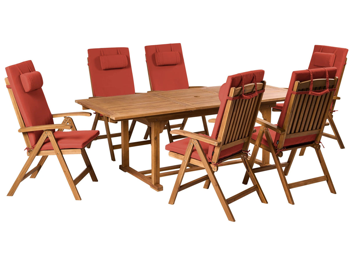 Garden Dining Set Acacia Wood with Red Cushions 6 Seater Adjustable Foldable Chairs Outdoor Country Style Beliani