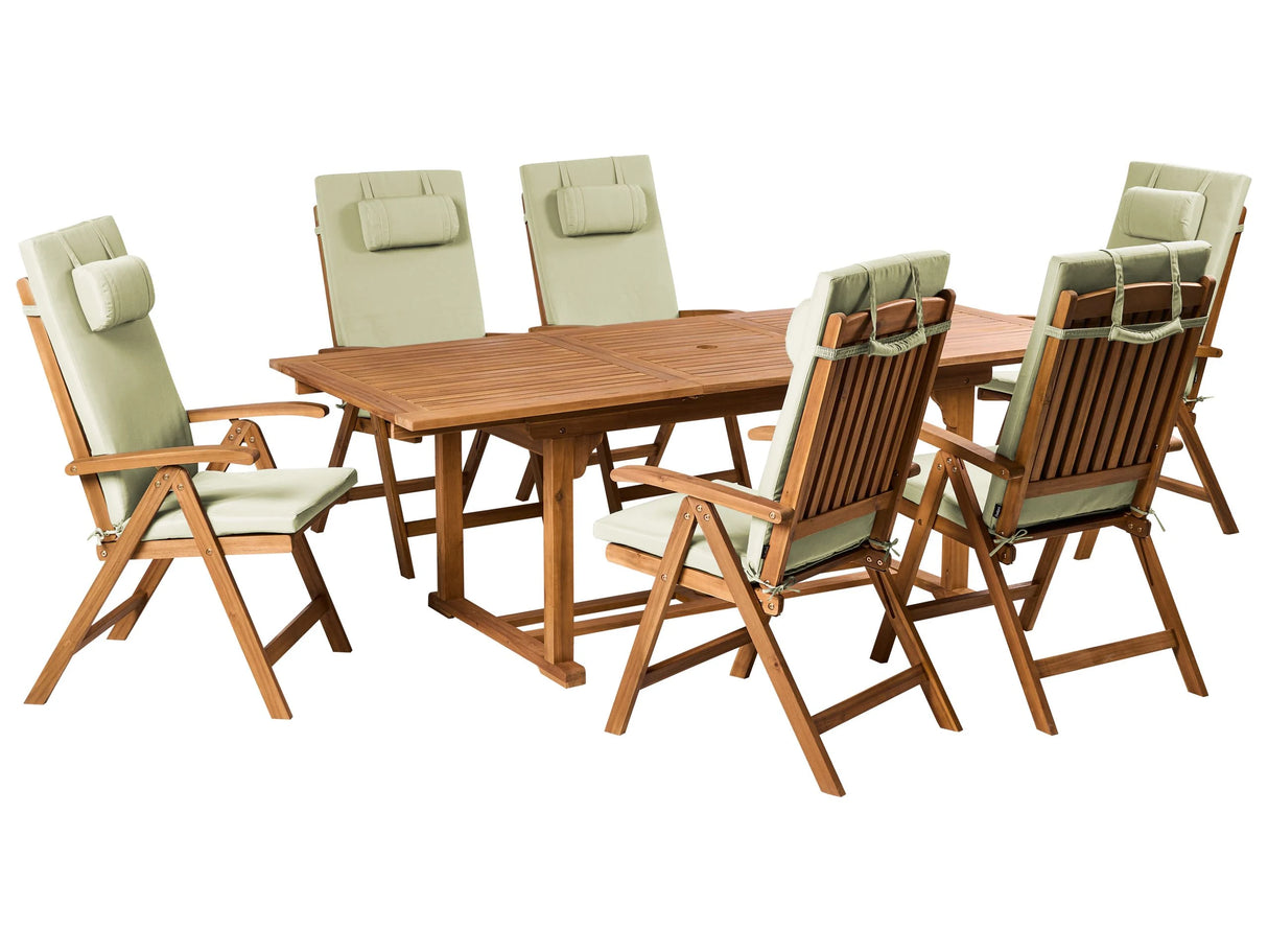 Garden Dining Set Acacia Wood with Green Cushions 6 Seater Adjustable Foldable Chairs Outdoor Country Style Beliani
