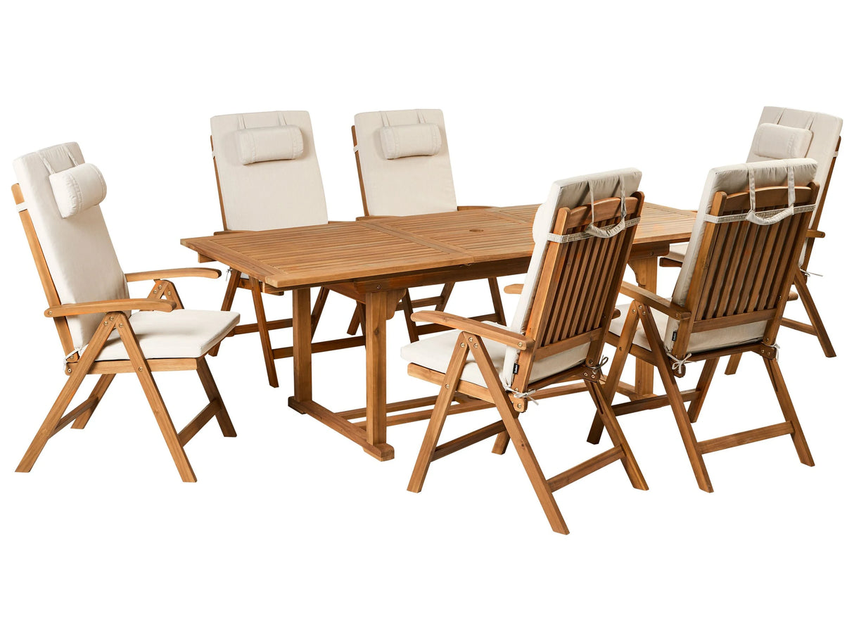 Garden Dining Set Acacia Wood with Light Beige Cushions 6 Seater Adjustable Foldable Chairs Outdoor Country Style Beliani
