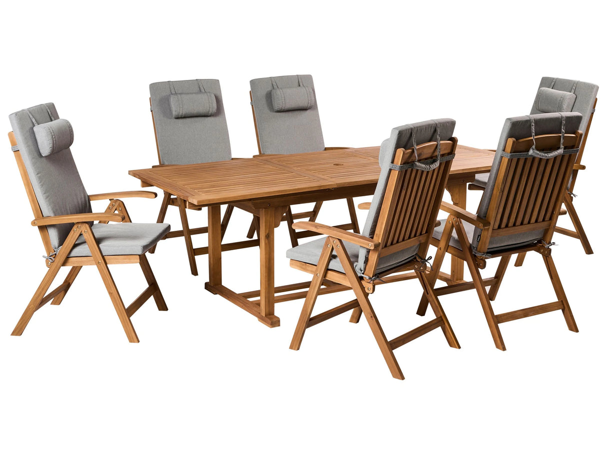 Garden Dining Set Acacia Wood with Grey Melange Cushions 6 Seater Adjustable Foldable Chairs Outdoor Country Style Beliani