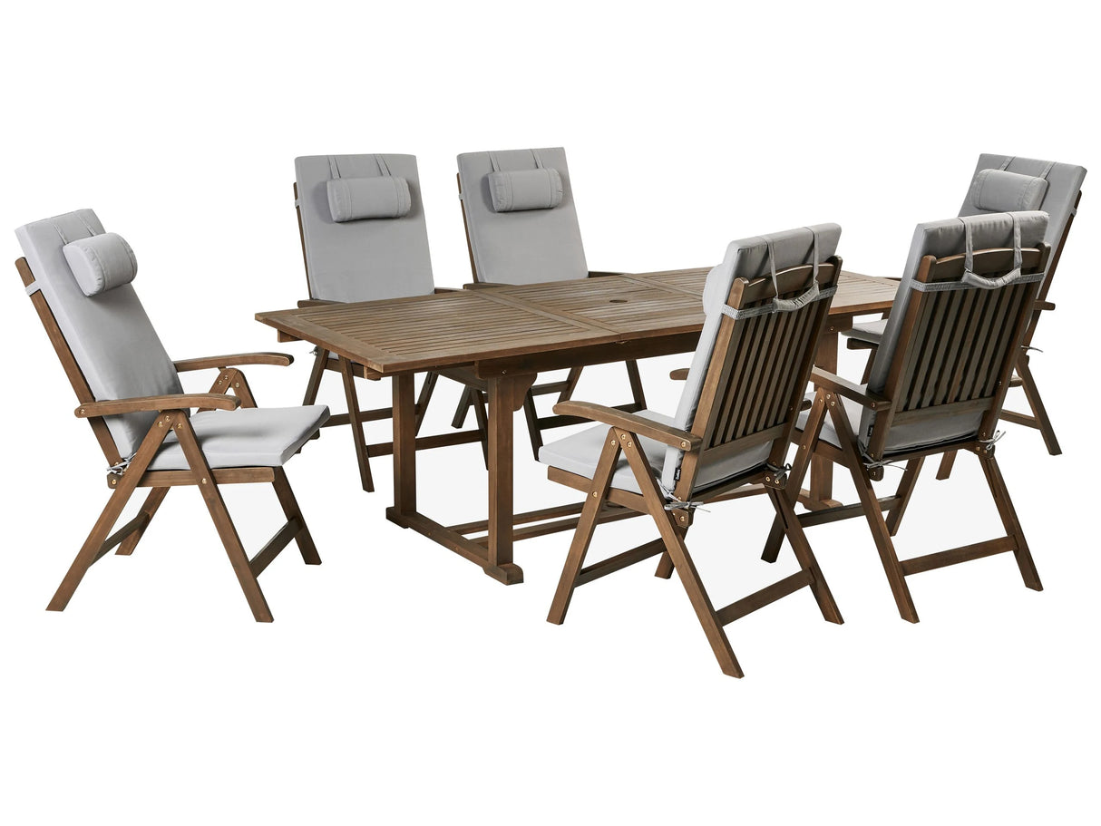 Garden Dining Set Solid Acacia Wood Extending Table 6 Chairs with Light Grey Cushions Adjustable Backrest Folding Rustic Style Beliani
