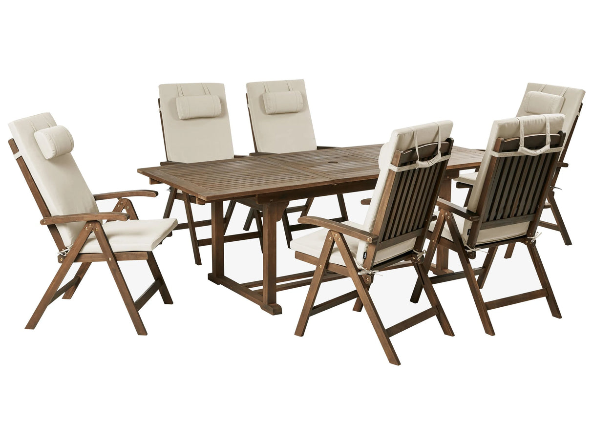 Garden Dining Set Solid Acacia Wood Extending Table 6 Chairs with Taupe Cushions Adjustable Backrest Folding Rustic Style Beliani