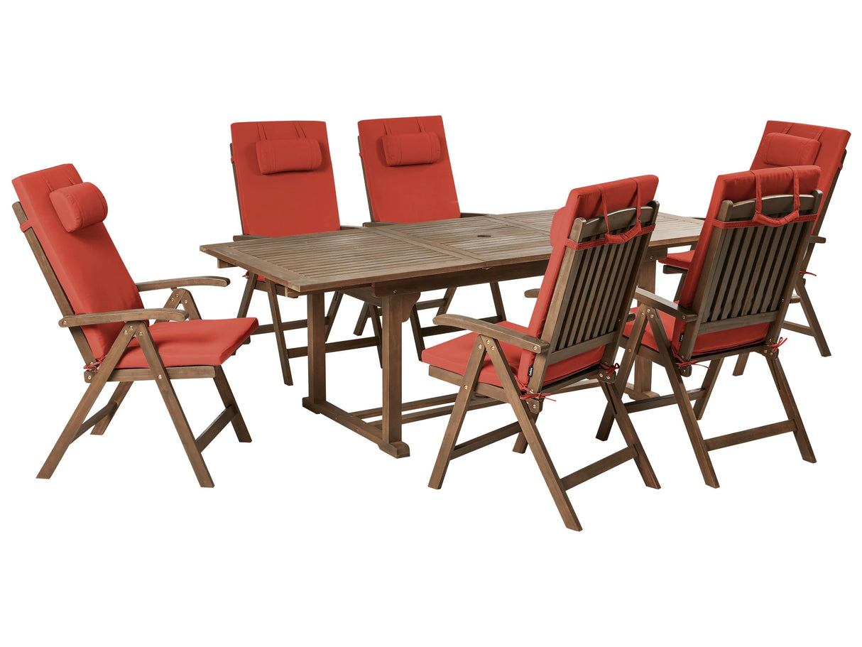 Garden Dining Set Solid Acacia Wood Extending Table 6 Chairs with Red Cushions Adjustable Backrest Folding Rustic Style Beliani