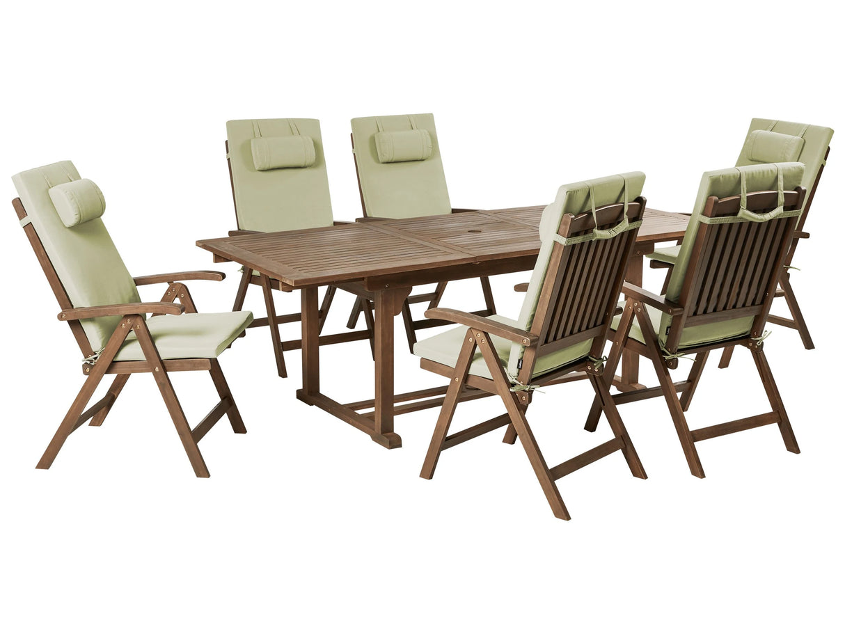 Garden Dining Set Solid Acacia Wood Extending Table 6 Chairs with Green Cushions Adjustable Backrest Folding Rustic Style Beliani