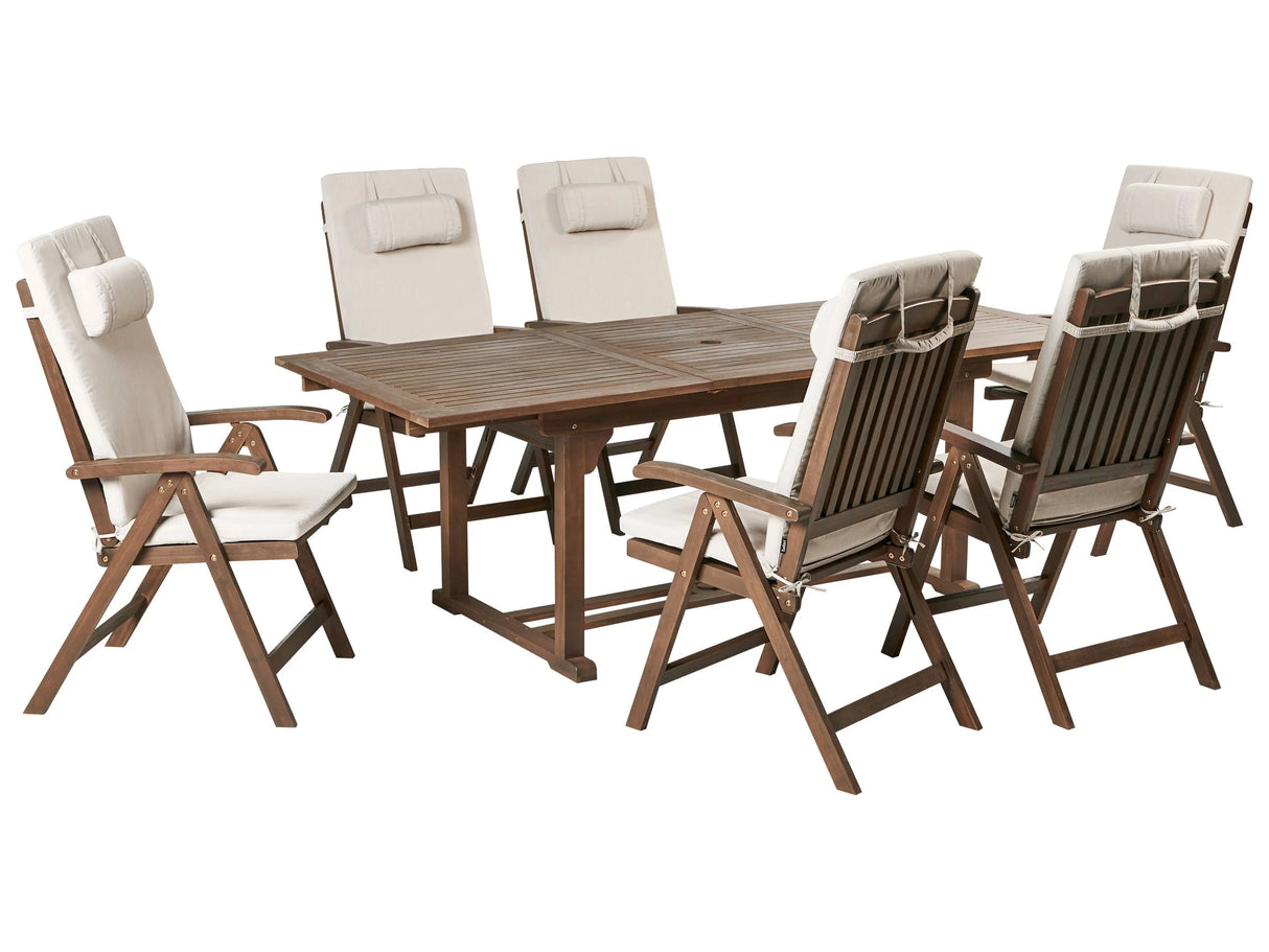 Garden Dining Set Solid Acacia Wood Extending Table 6 Chairs with Light Beige Cushions Adjustable Backrest Folding Rustic Style Beliani