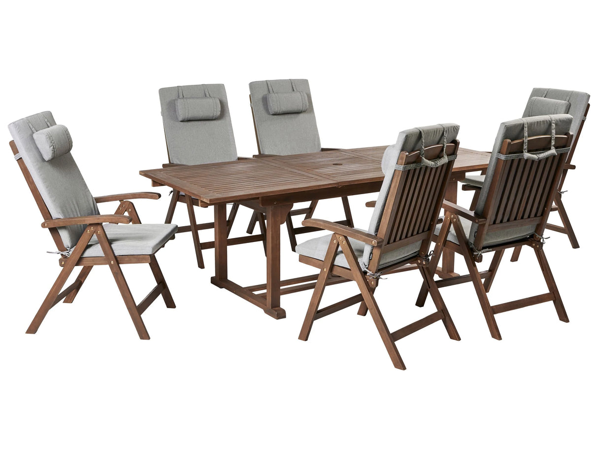 Garden Dining Set Solid Acacia Wood Extending Table 6 Chairs with Grey Melange Cushions Adjustable Backrest Folding Rustic Style Beliani