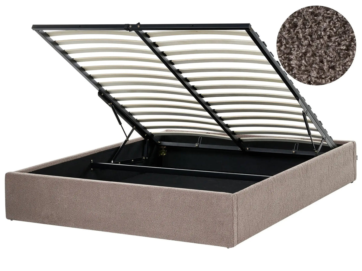 Slatted Bed Frame Taupe Boucle Upholstered Ottoman Storage 5ft3 EU King Size Modern Design Beliani
