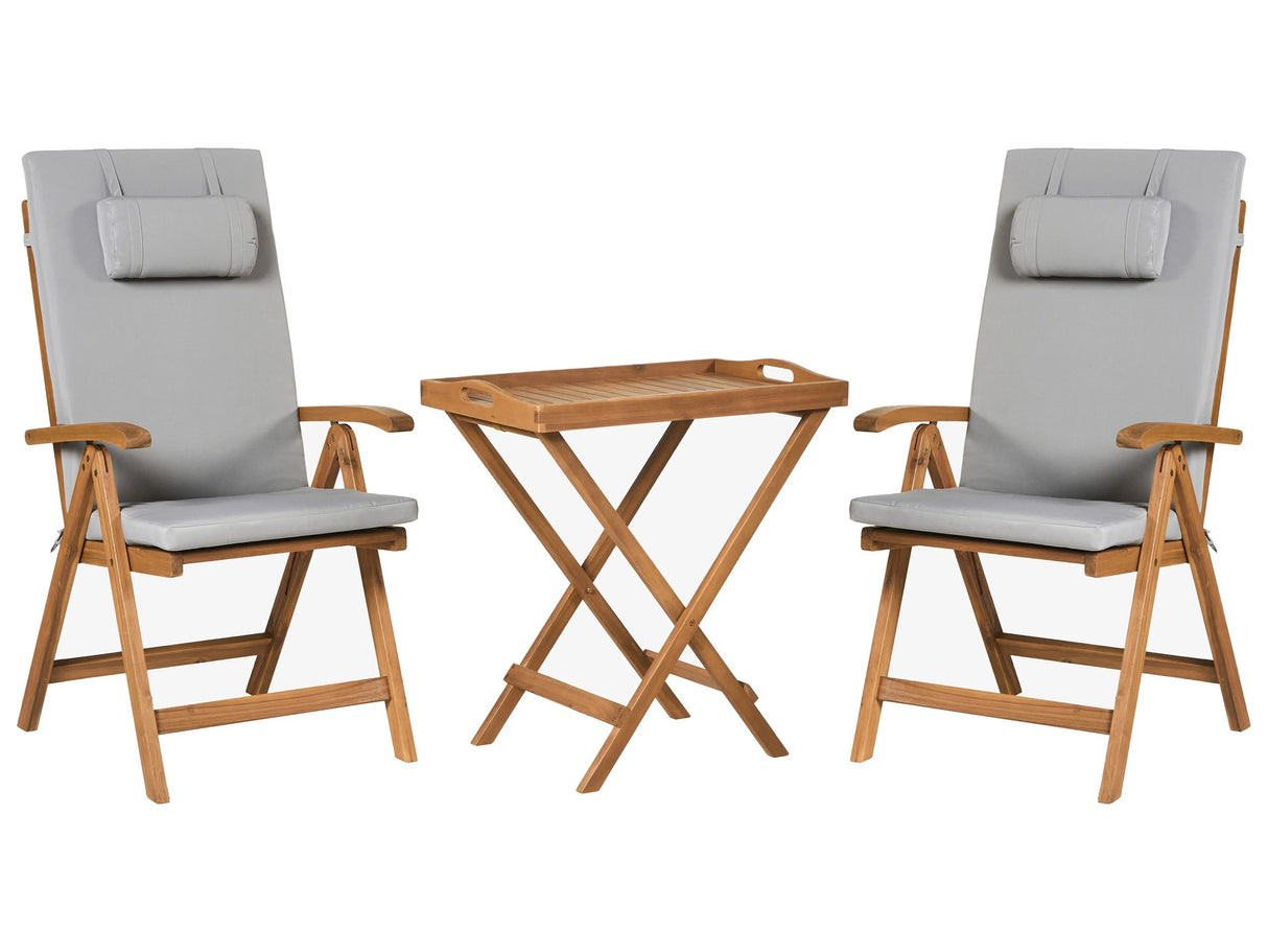 Garden Bistro Set Acacia Wood Table 2 Chairs with Light Grey Cushions UV Resistant Foldable Beliani