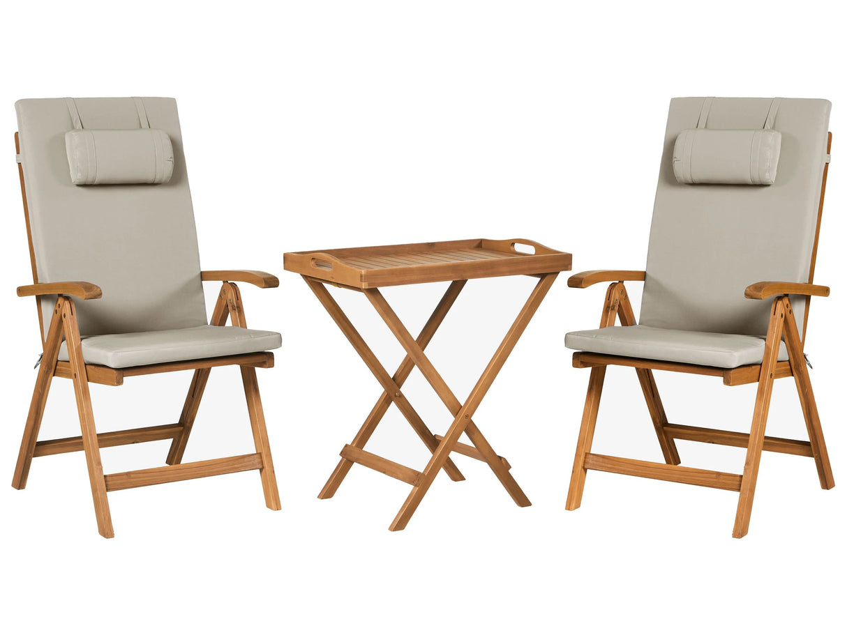 Garden Bistro Set Acacia Wood Table 2 Chairs with Taupe Cushions UV Resistant Foldable Beliani