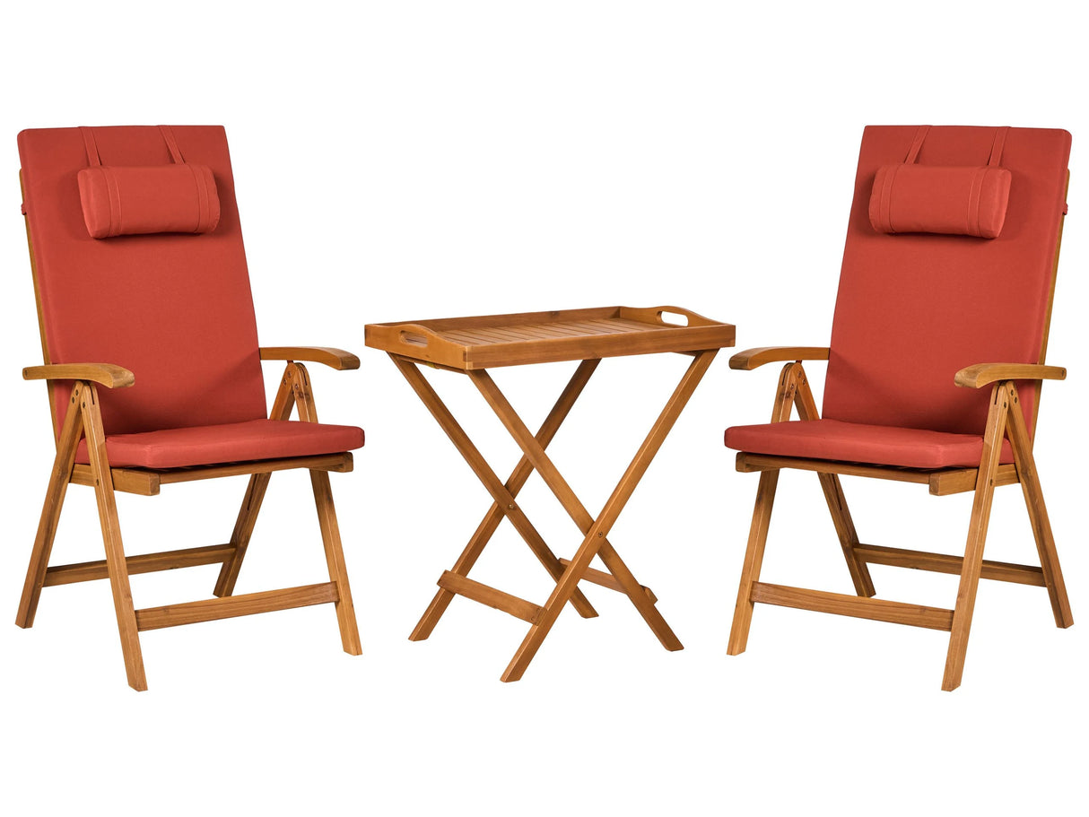 Garden Bistro Set Acacia Wood Table 2 Chairs with Red Cushions UV Resistant Foldable Beliani