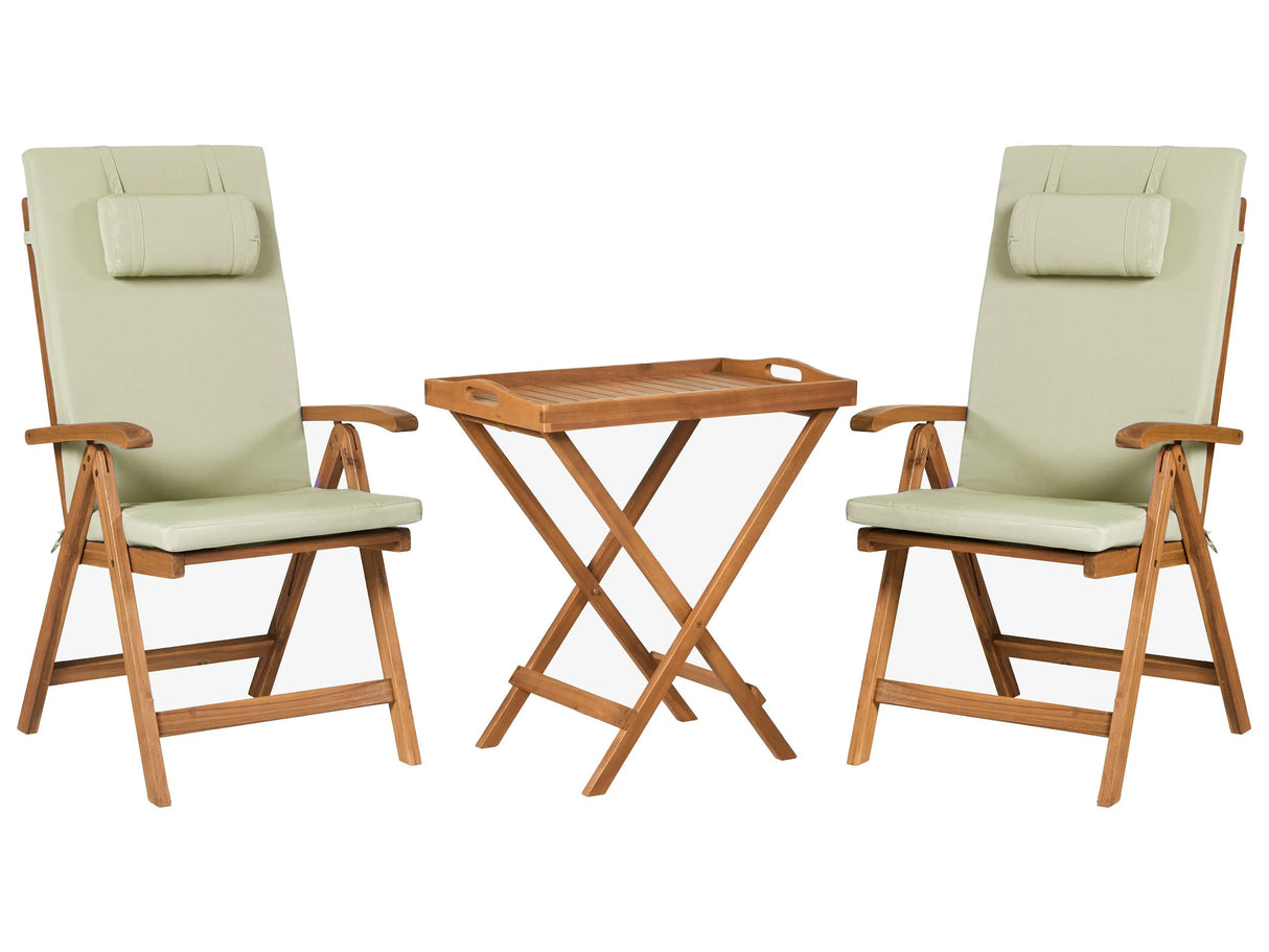 Garden Bistro Set Acacia Wood Table 2 Chairs with Green Cushions UV Resistant Foldable Beliani