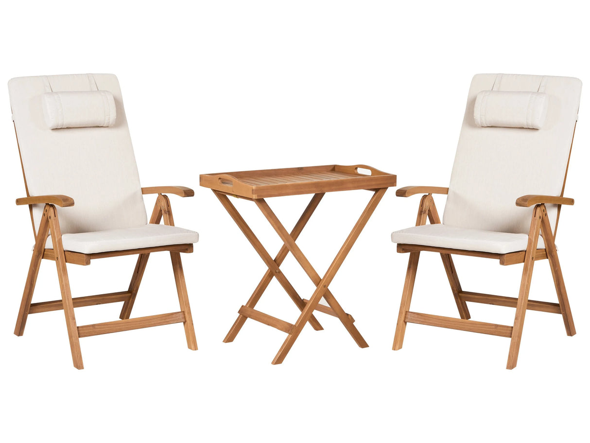Garden Bistro Set Acacia Wood Table 2 Chairs with Light Beige Cushions UV Resistant Foldable Beliani