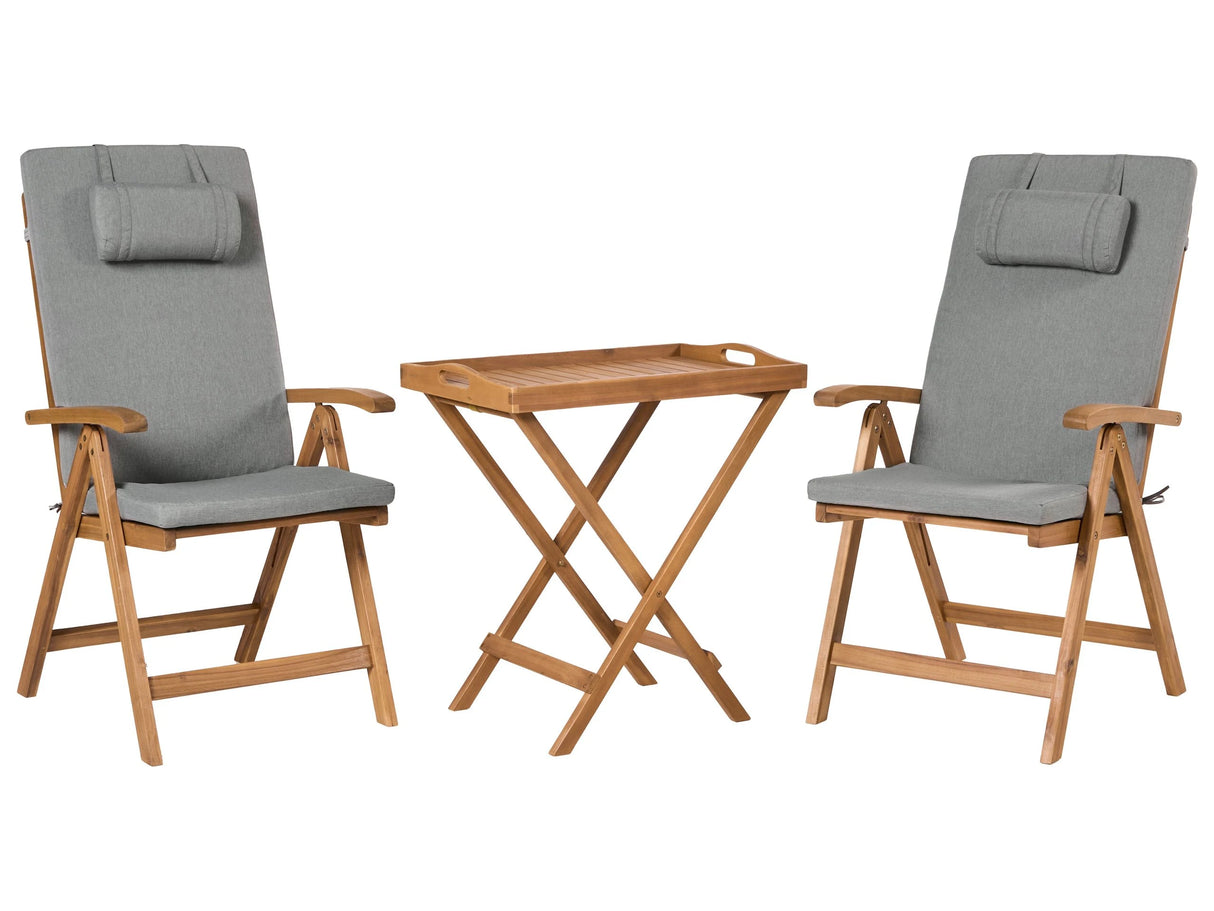 Garden Bistro Set Acacia Wood Table 2 Chairs with Grey Melange Cushions UV Resistant Foldable Beliani