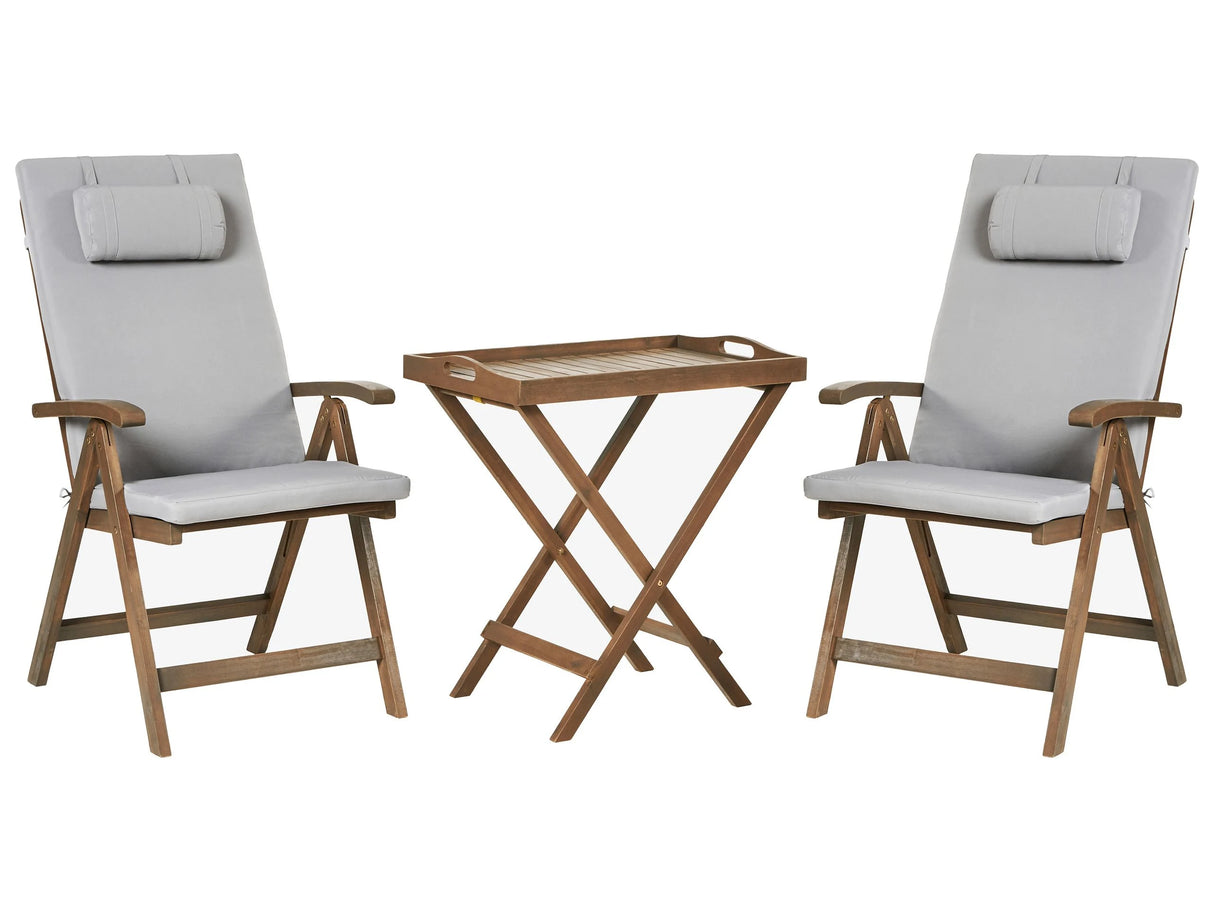 Garden Bistro Set Solid Acacia Wood with Light Grey Cushions Table 2 Chairs Adjustable Backrest Folding Rustic Style Balcony Furniture Beliani