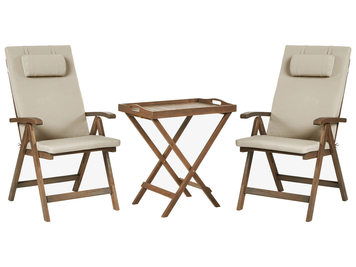 Garden Bistro Set Solid Acacia Wood with Taupe Cushions Table 2 Chairs Adjustable Backrest Folding Rustic Style Balcony Furniture Beliani
