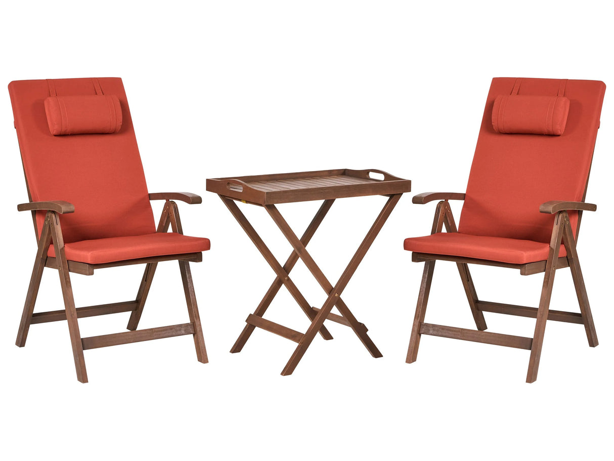Garden Bistro Set Solid Acacia Wood with Red Cushions Table 2 Chairs Adjustable Backrest Folding Rustic Style Balcony Furniture Beliani