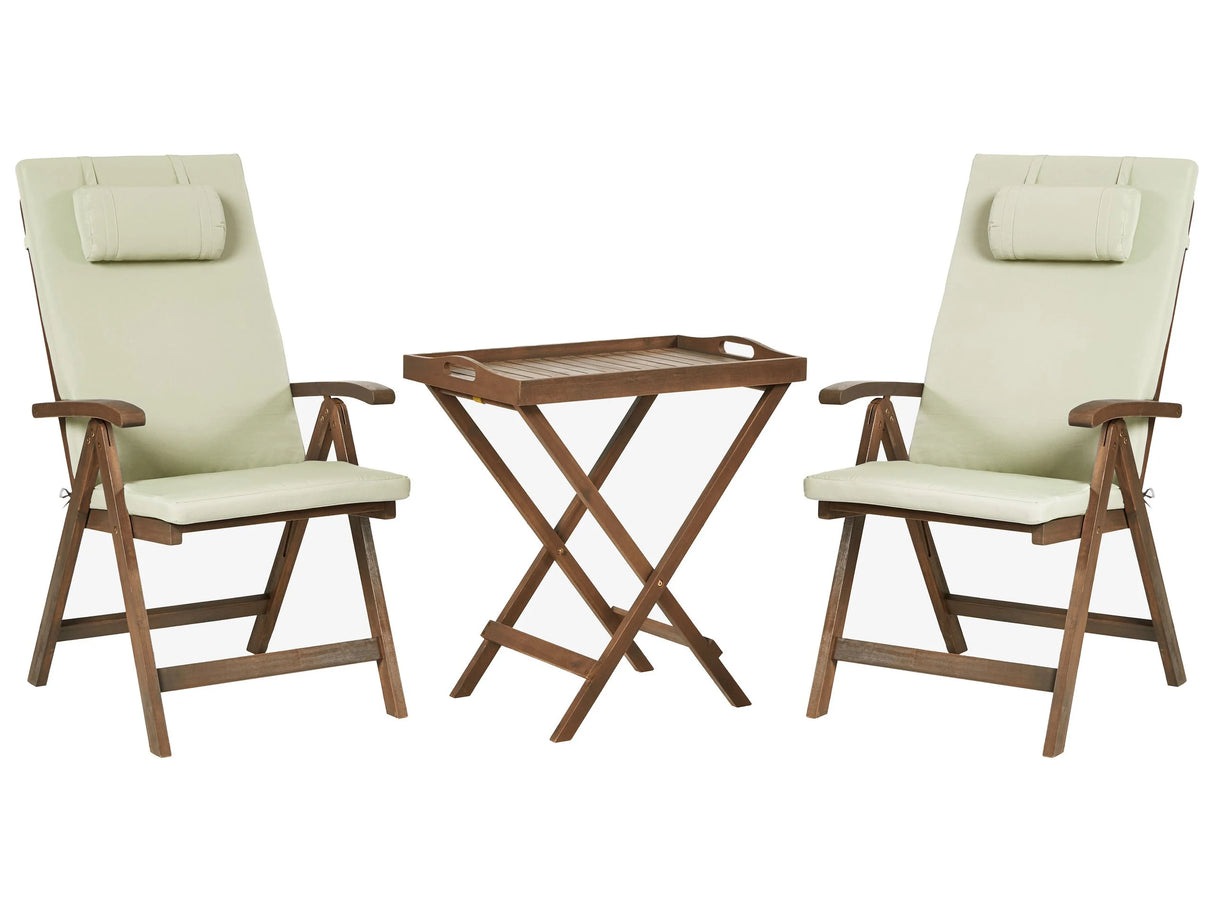 Garden Bistro Set Solid Acacia Wood with Green Cushions Table 2 Chairs Adjustable Backrest Folding Rustic Style Balcony Furniture Beliani