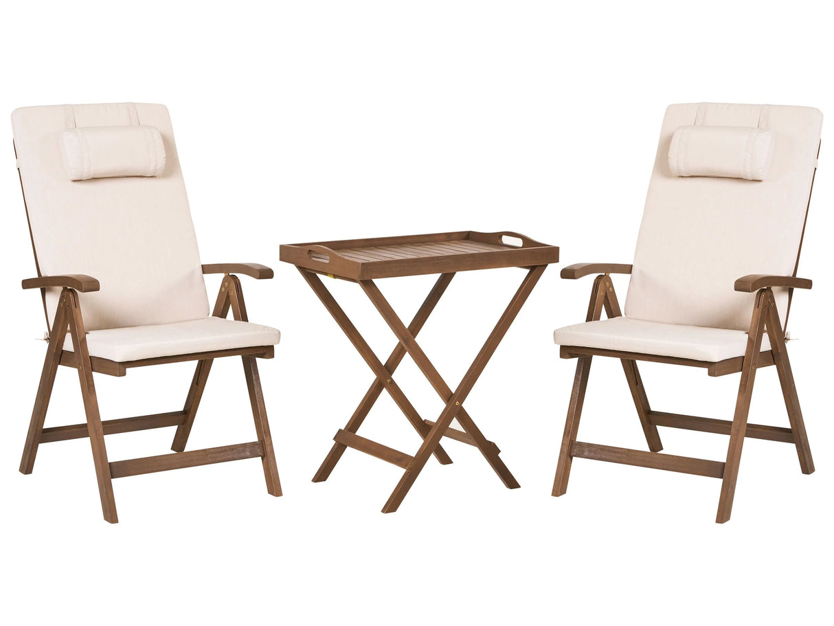 Garden Bistro Set Solid Acacia Wood with Light Beige Cushions Table 2 Chairs Adjustable Backrest Folding Rustic Style Balcony Furniture Beliani