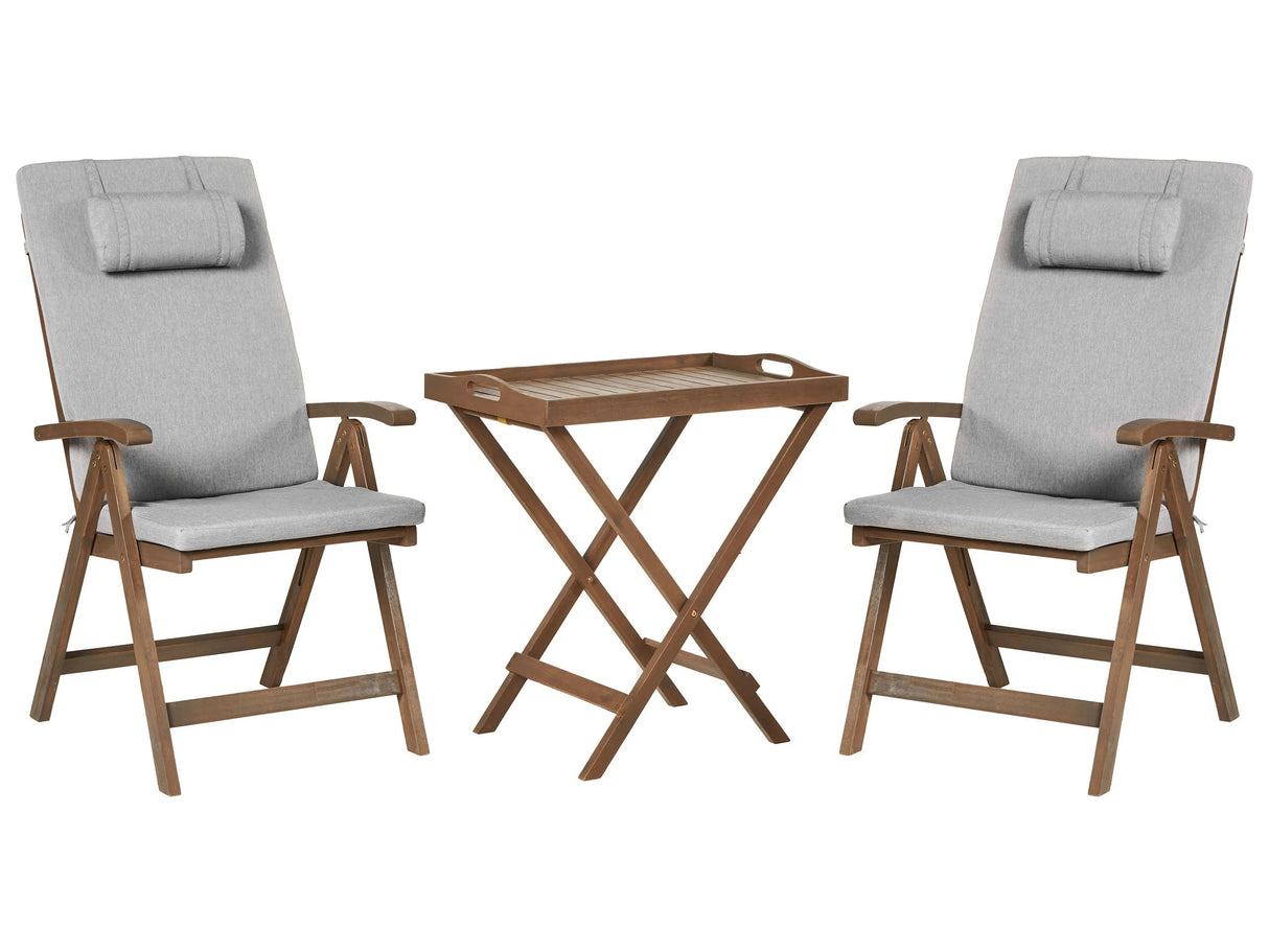 Garden Bistro Set Solid Acacia Wood with Grey Melange Cushions Table 2 Chairs Adjustable Backrest Folding Rustic Style Balcony Furniture Beliani