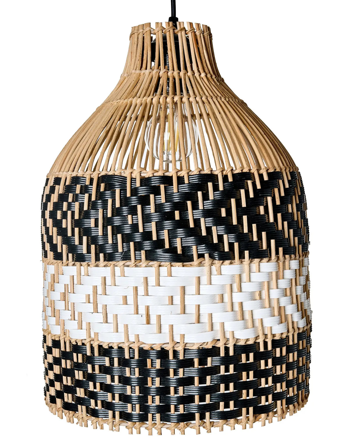 Pendant Lamp Black and White Rattan Shade Iron Frame Hanging Lamp Boho Style Woven Handmade Lighting Beliani
