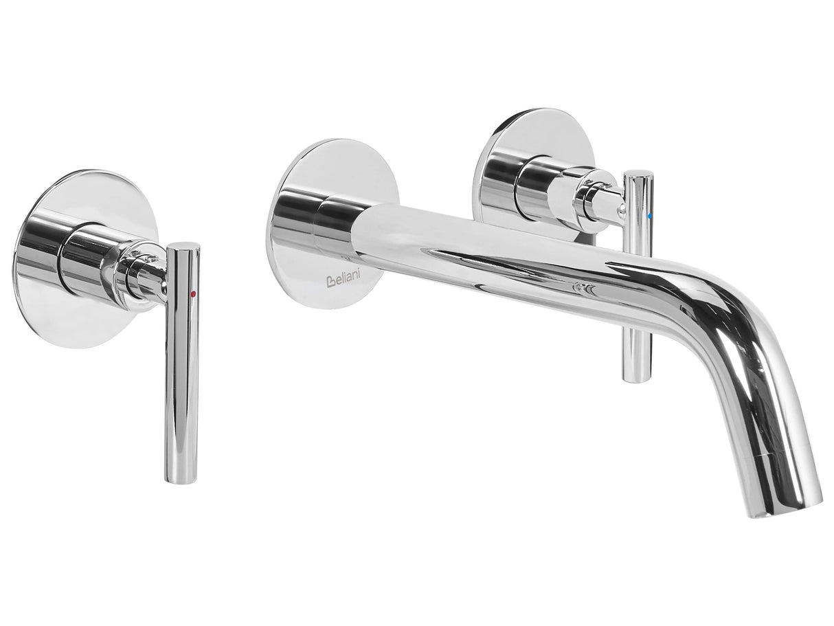 Wall Mounted Basin 3-Hole Mixer Tap Silver Brass Double Lever Beliani