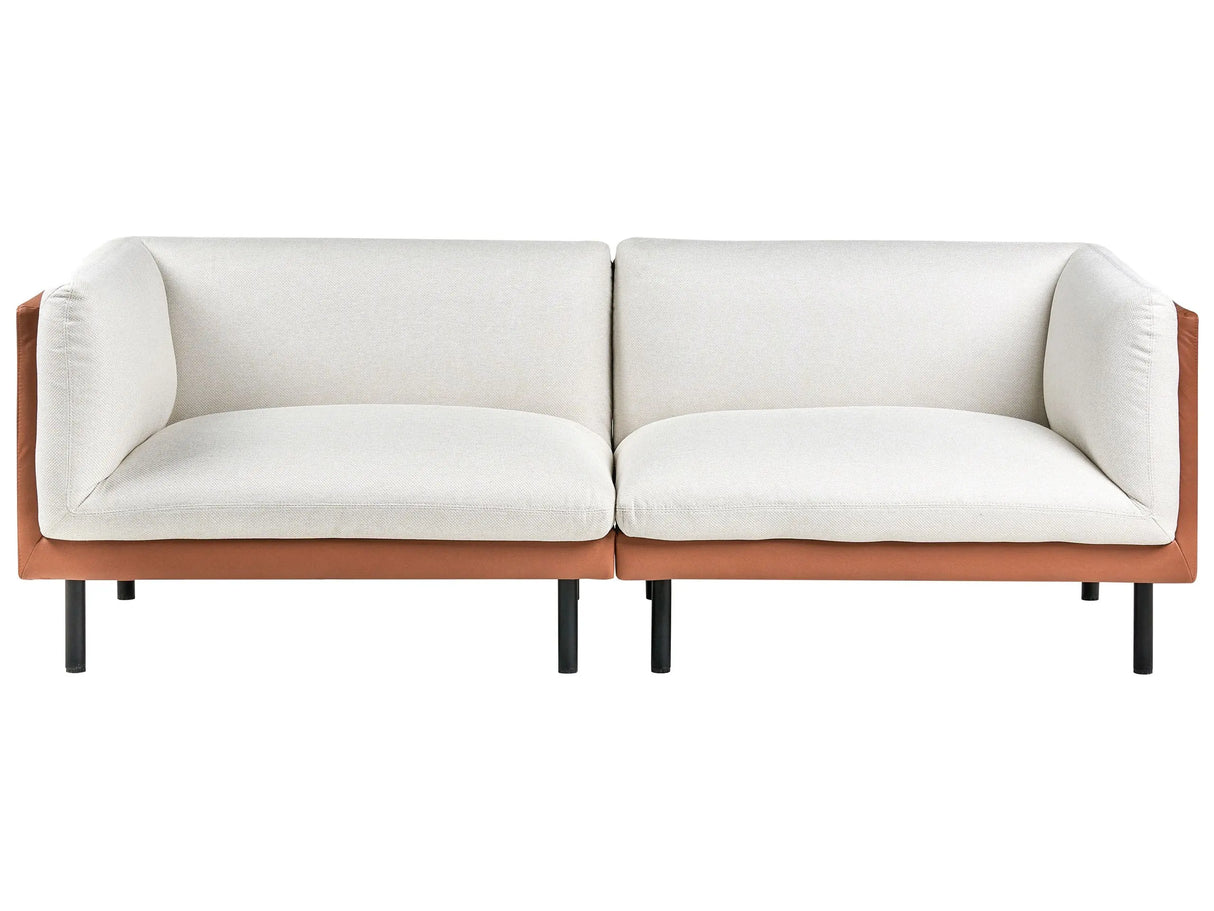 3 Seater Sofa Off-White and Brown Polyester Fabric and Faux Leather Metal Black Legs Upholstered Living Room Furniture Beliani