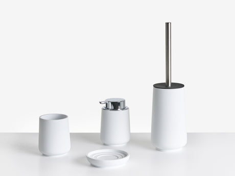 4-Piece Bathroom Accessories Set White Polyresin Soap Dish Soap Dispenser Toilet Brush Tumbler Beliani