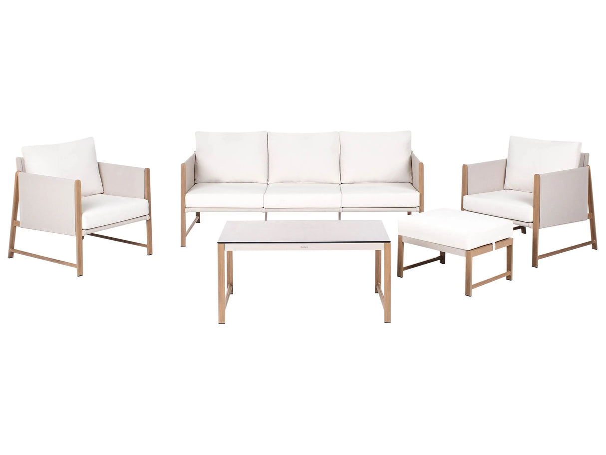 5 Seater Garden Sofa Set Light Beige Metal Frame Wood-like Finish Glass Tabletop 3 Seater Sofa Ottoman Armchairs with Cushions Modern Style Beliani