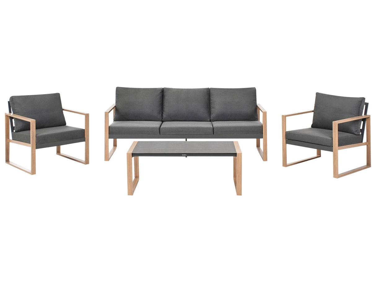 5 Seater Garden Sofa Set Dark Grey Metal Frame Wood-like Finish Glass Tabletop 3 Seater Sofa Armchairs with Cushions Modern Style Beliani