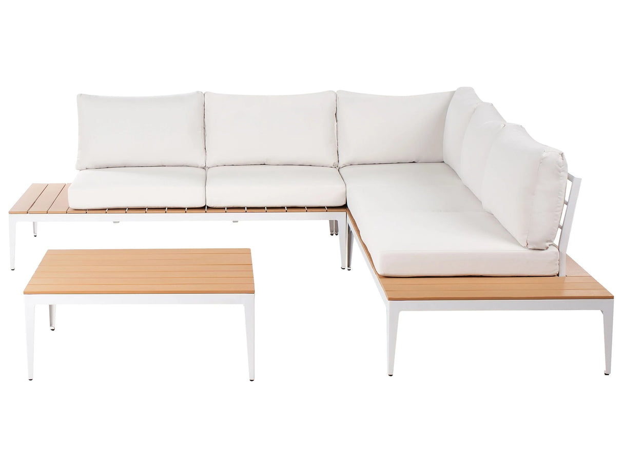 Garden Corner Sofa Set Off-White Cushions Slatted Design Table 5 Seater Modern Conversation Set Beliani