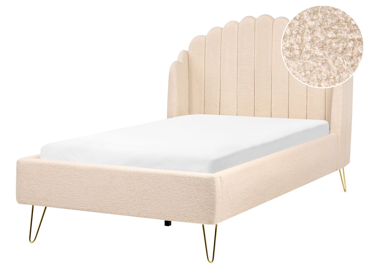Bed Frame Beige Boucle Upholstery EU Small Double Size 4ft Metal Legs Retro Design Chanell Shell Headboard Beliani