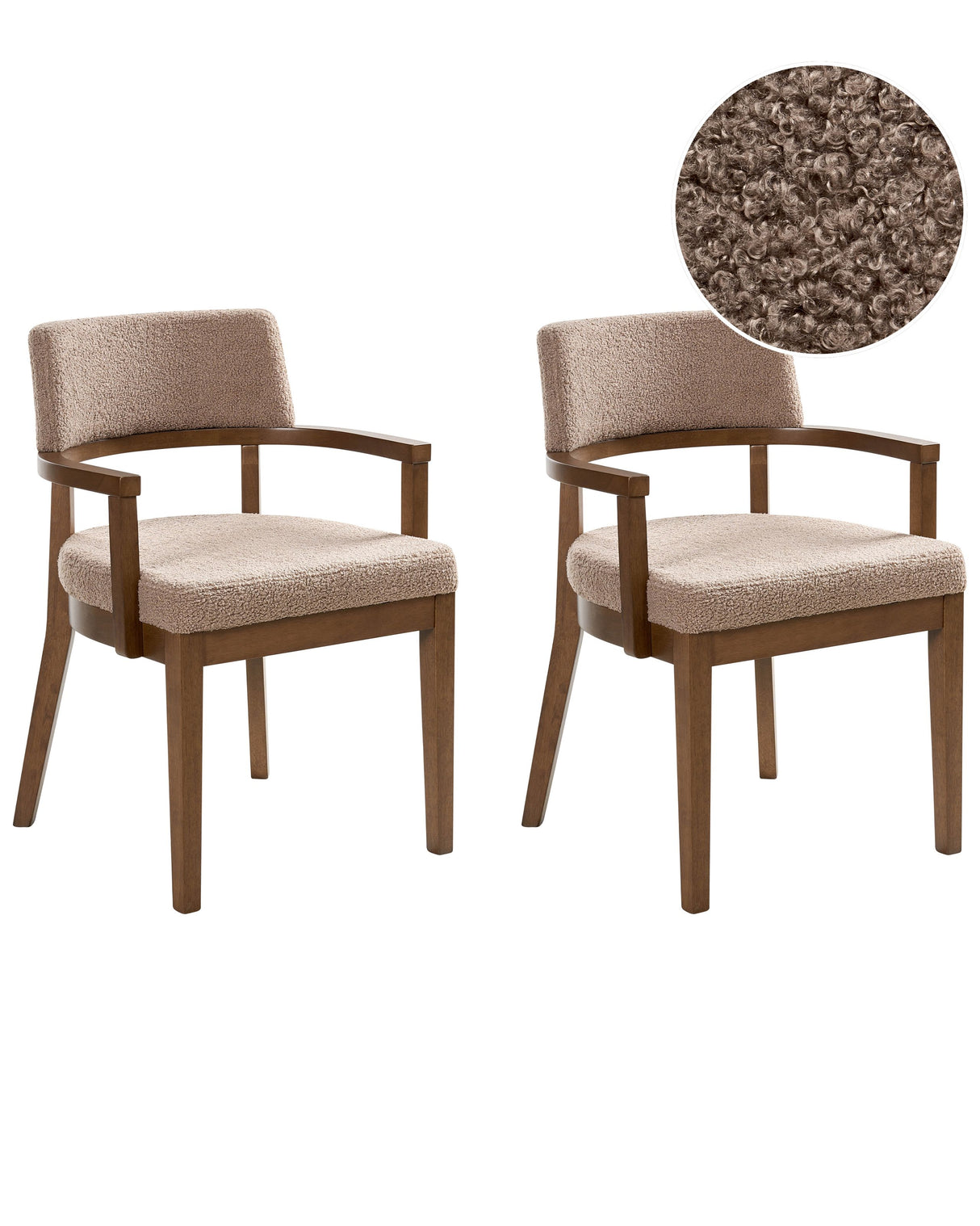 Set of 2 Dining Chairs Dark Brown and Taupe Polyester Boucle Fabric Rubberwood Legs Retro Traditional Style Beliani